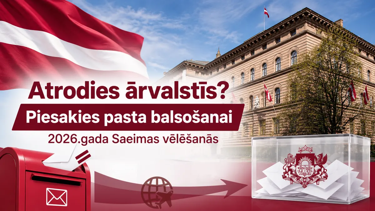 Informatīva grafika „Atrodies ārvalstīs? Piesakies pasta balsošanai 2026. gada Saeimas vēlēšanās“ — Latvijas karogs, Saeimas nams, sarkana pasta kastīte un caurspīdīga balsošanas kaste ar aploksnēm
