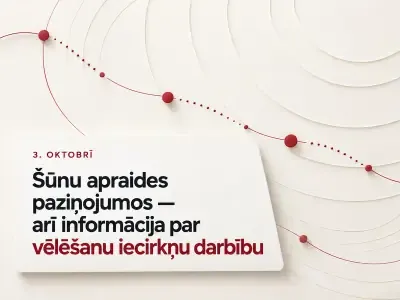 Informatīva grafika ar uzrakstu „3. oktobrī. Šūnu apraides paziņojumos — arī informācija par vēlēšanu iecirkņu darbību“ — sarkani punkti uz koncentriskām līnijām gaišā fonā
