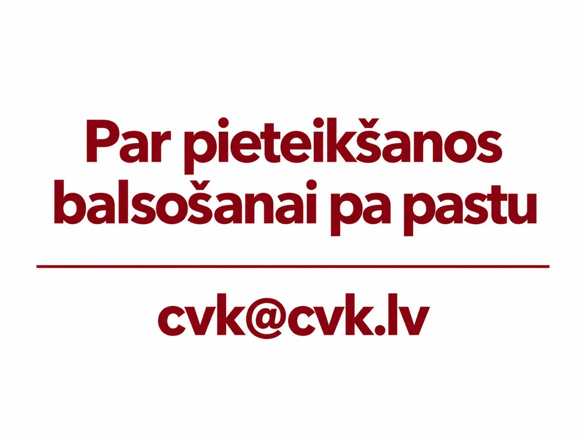 Grafika ar uzrakstu „Par pieteikšanos balsošanai pa pastu“ un e-pasta adresi cvk@cvk.lv — sarkanbrūns teksts baltā fonā