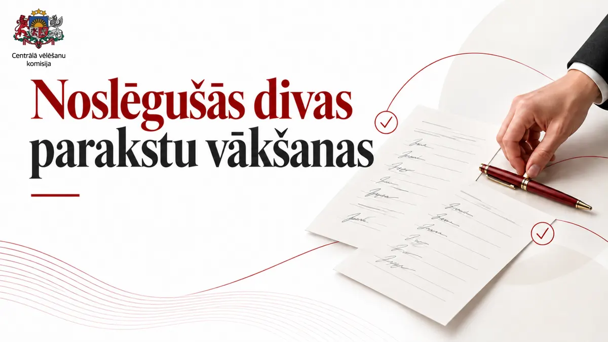 Uzraksts “Noslēgušās divas parakstu vākšanas”, blakus roka ar pildspalvu pie parakstu lapām