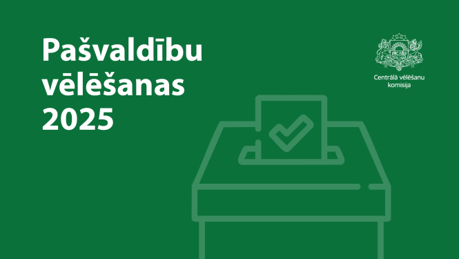 Grafiska vēlēšanu urna uz zaļa fona ar tekstu "Pašvaldību vēlēšanas 2025"