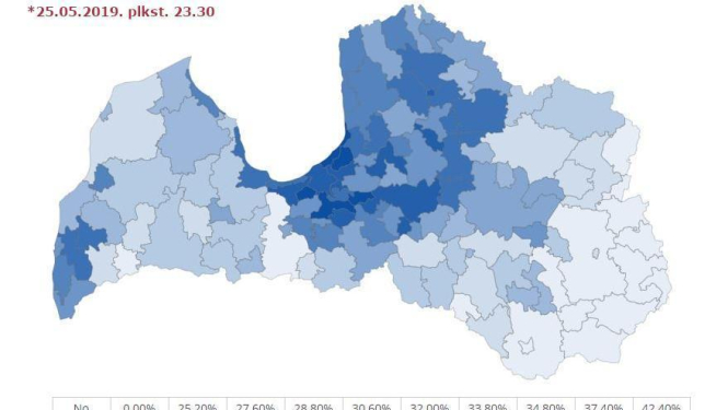 EP vēlēšanās piedalījušies 33,47 % vēlētāju (25.05.2019. plkst. 23.30)