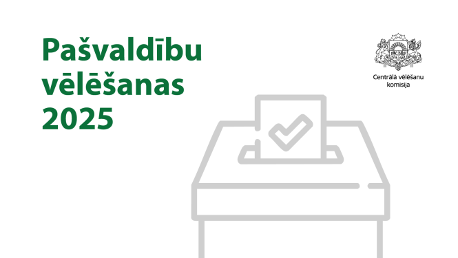 Grafiska vēlēšanu urna uz balta fona ar tekstu "Pašvaldību vēlēšanas 2025"