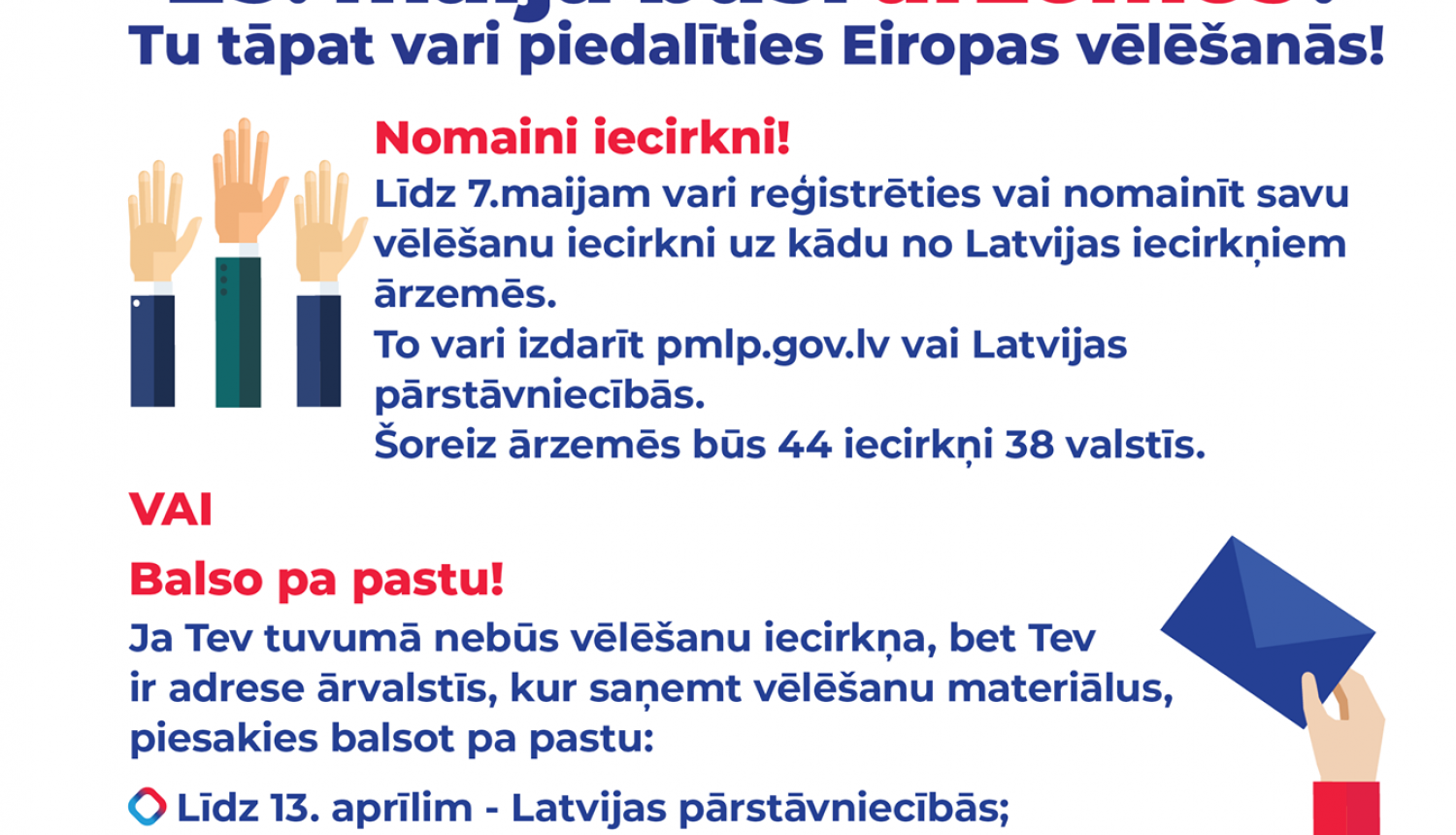 Vēl tikai dažas dienas var reģistrēties pasta balsošanai Latvijas pārstāvniecībās!